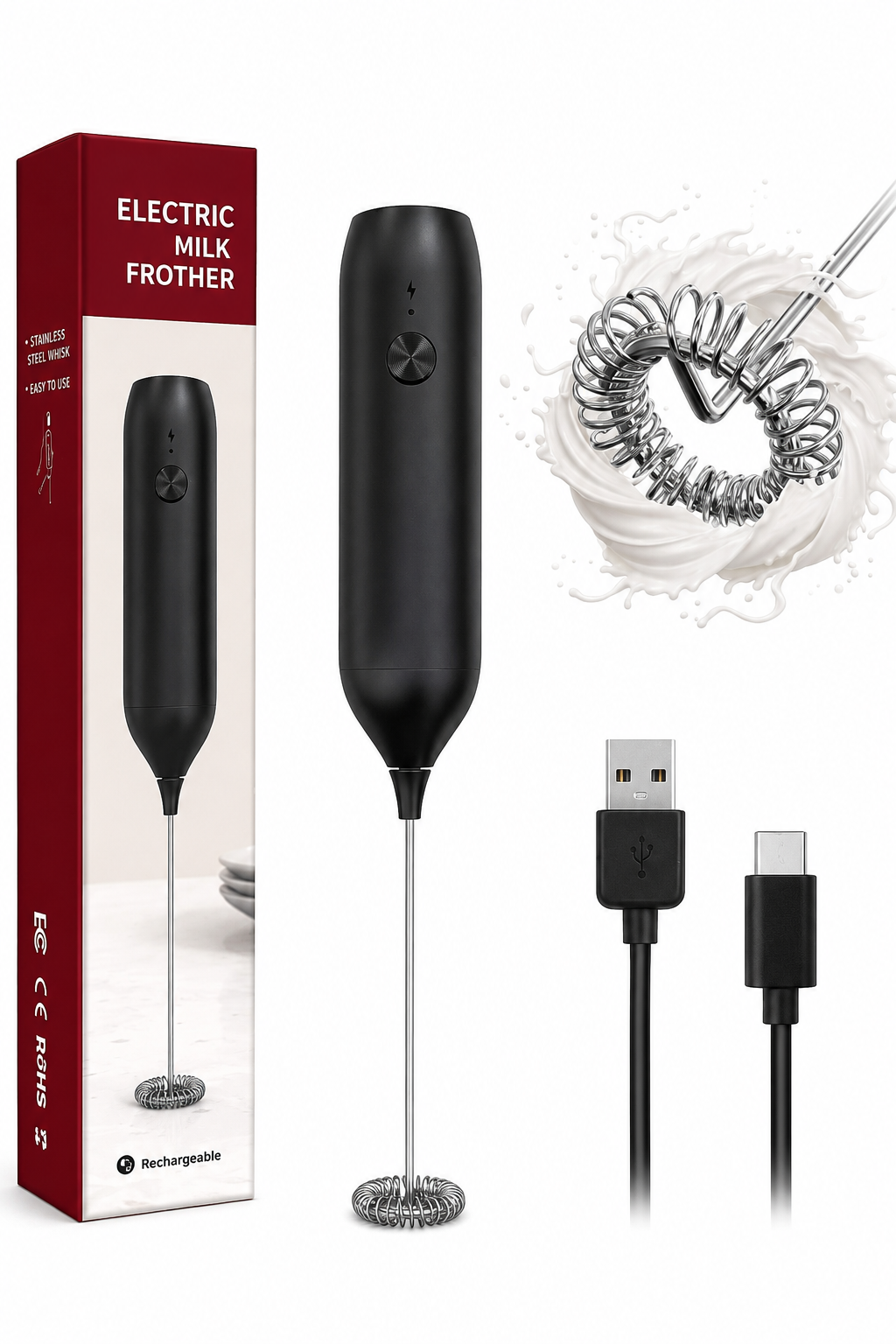 Rechargeable Electric Milk Frother – USB Handheld Coffee & Matcha Mixer